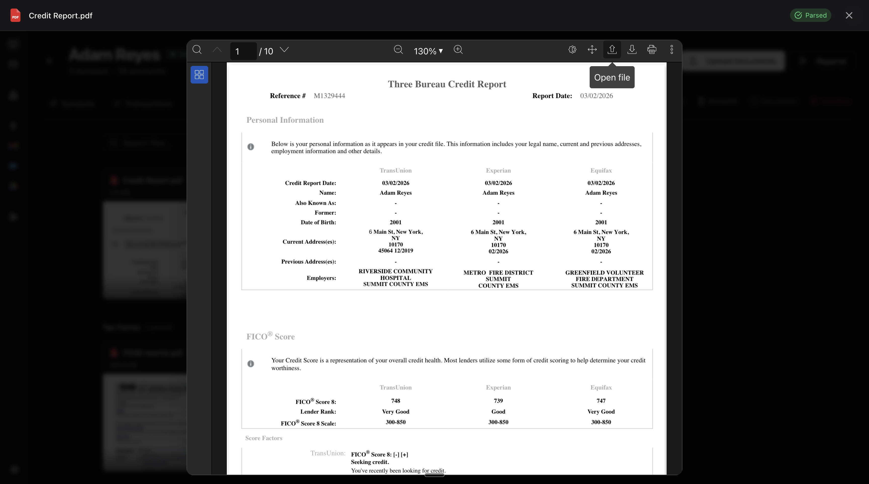 A MyScoreIQ tri-merge credit report PDF