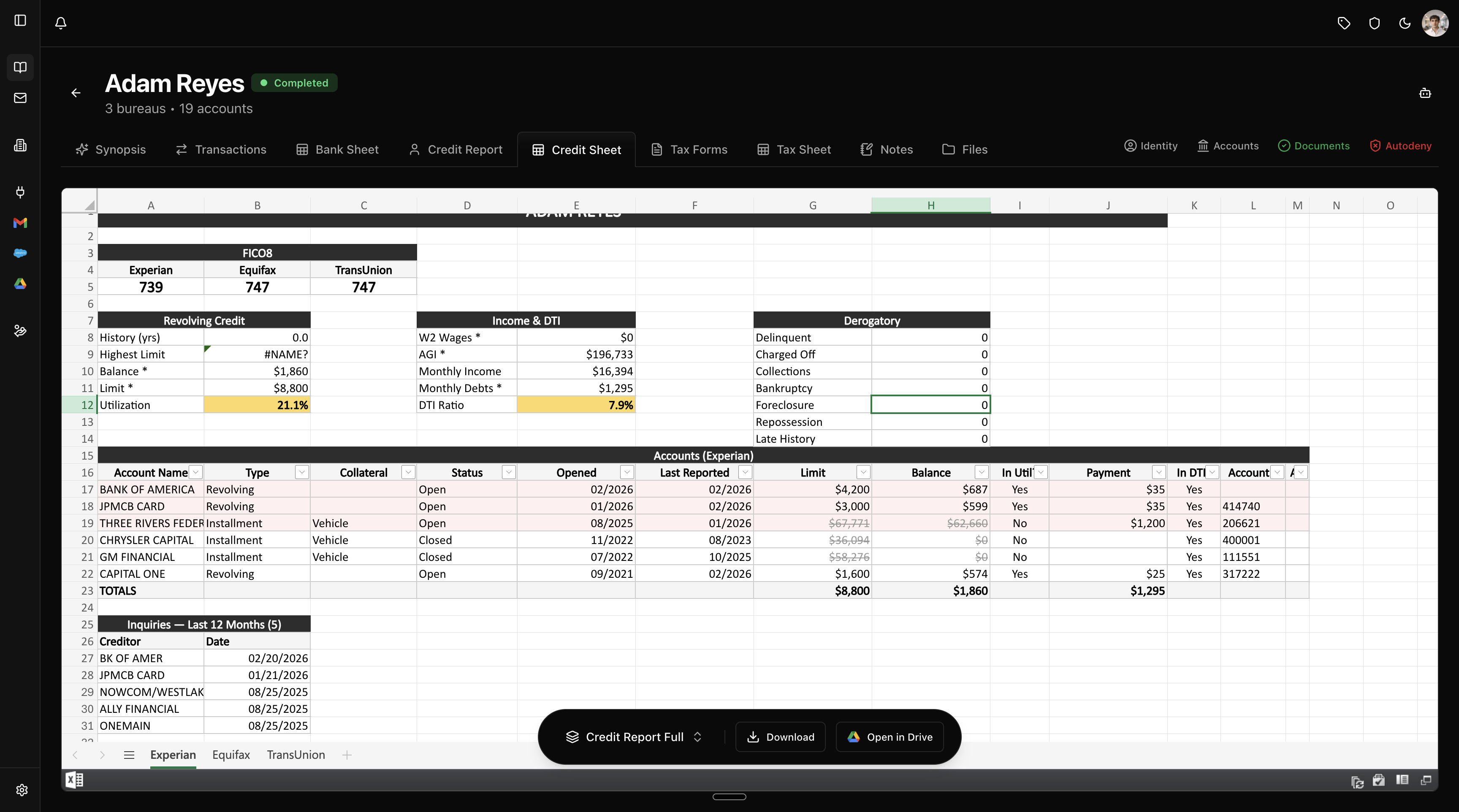 Parsed credit report spreadsheet output