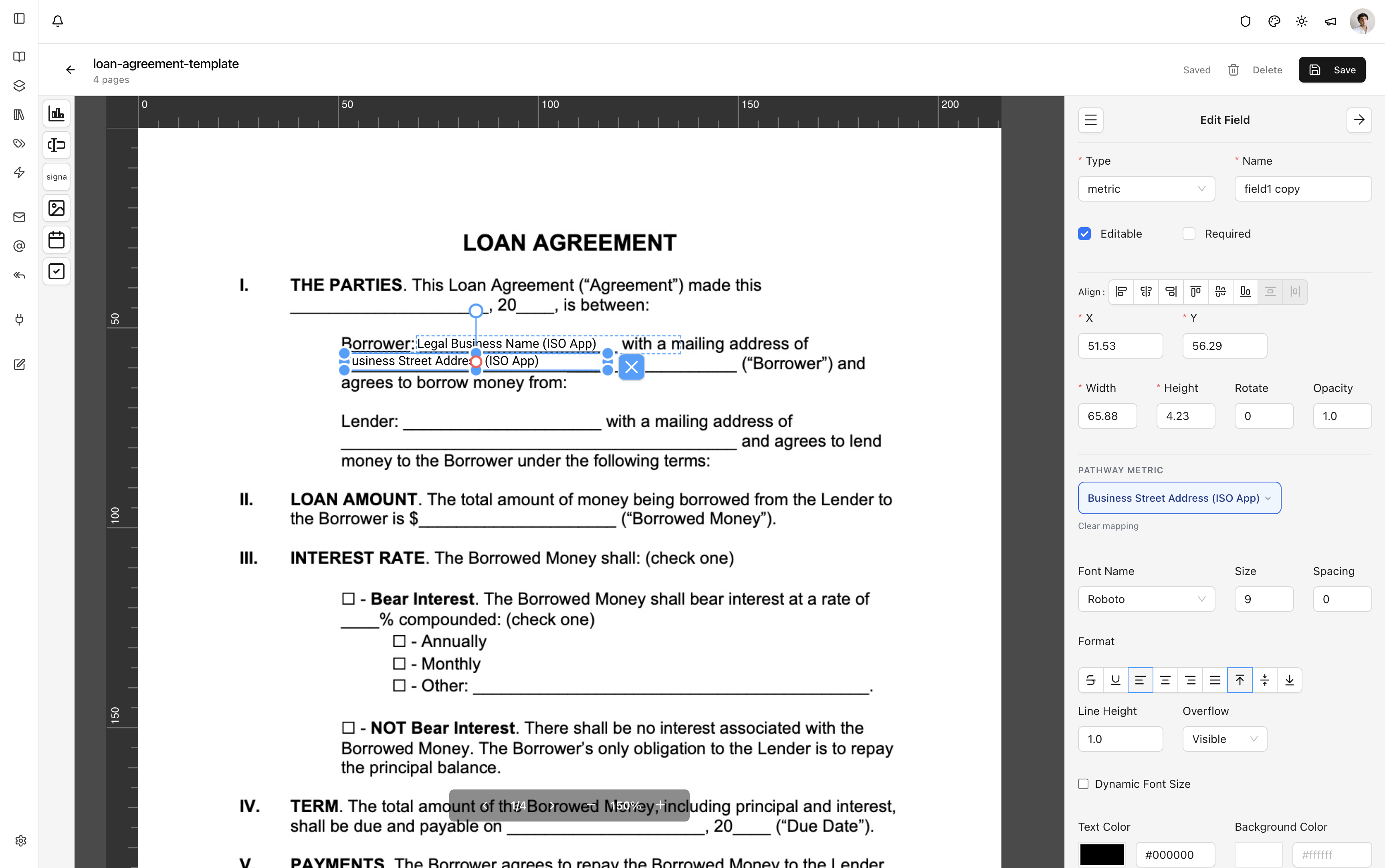 Contract designer with fields placed on a PDF