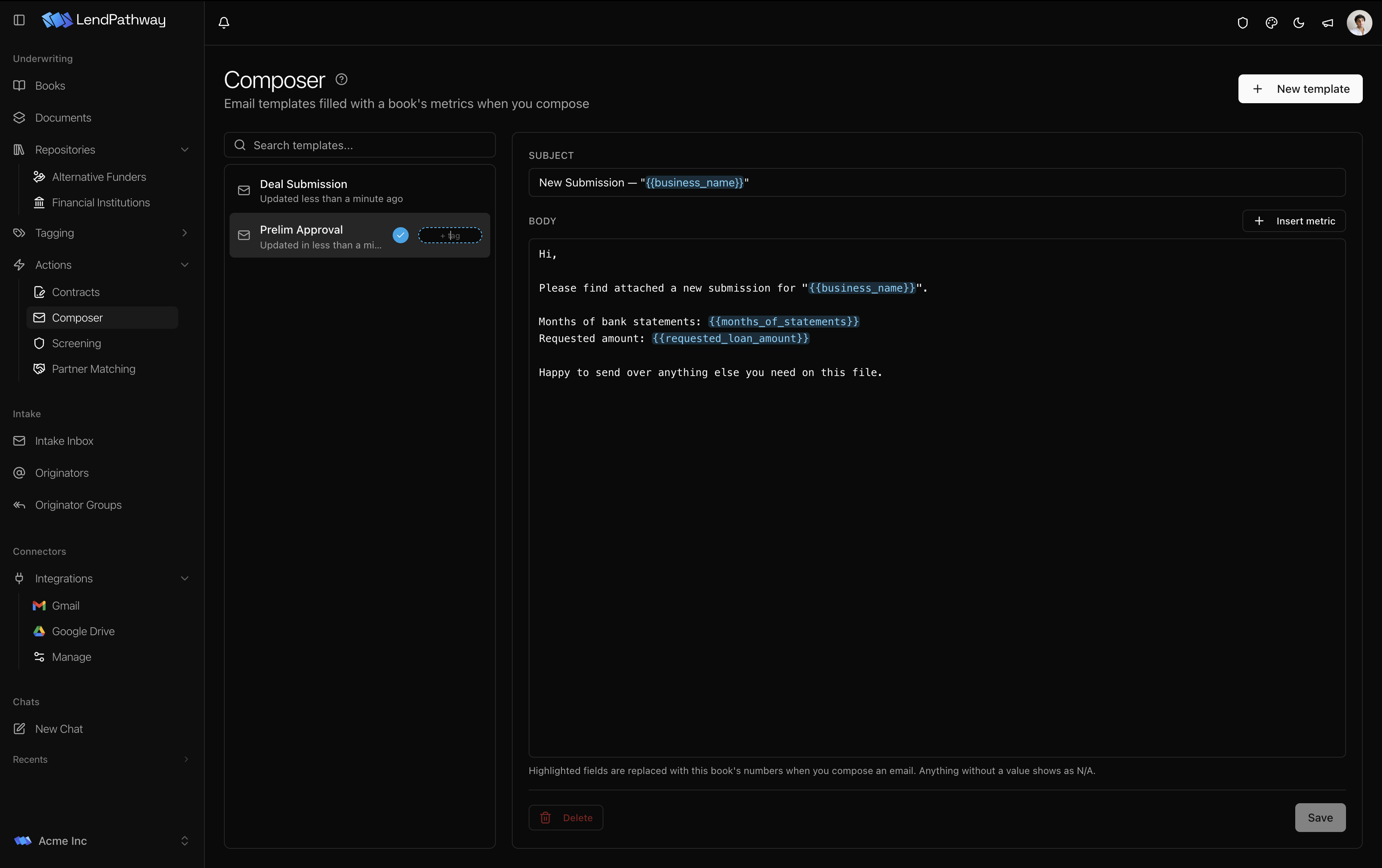 Email template with metric placeholders and a live preview
