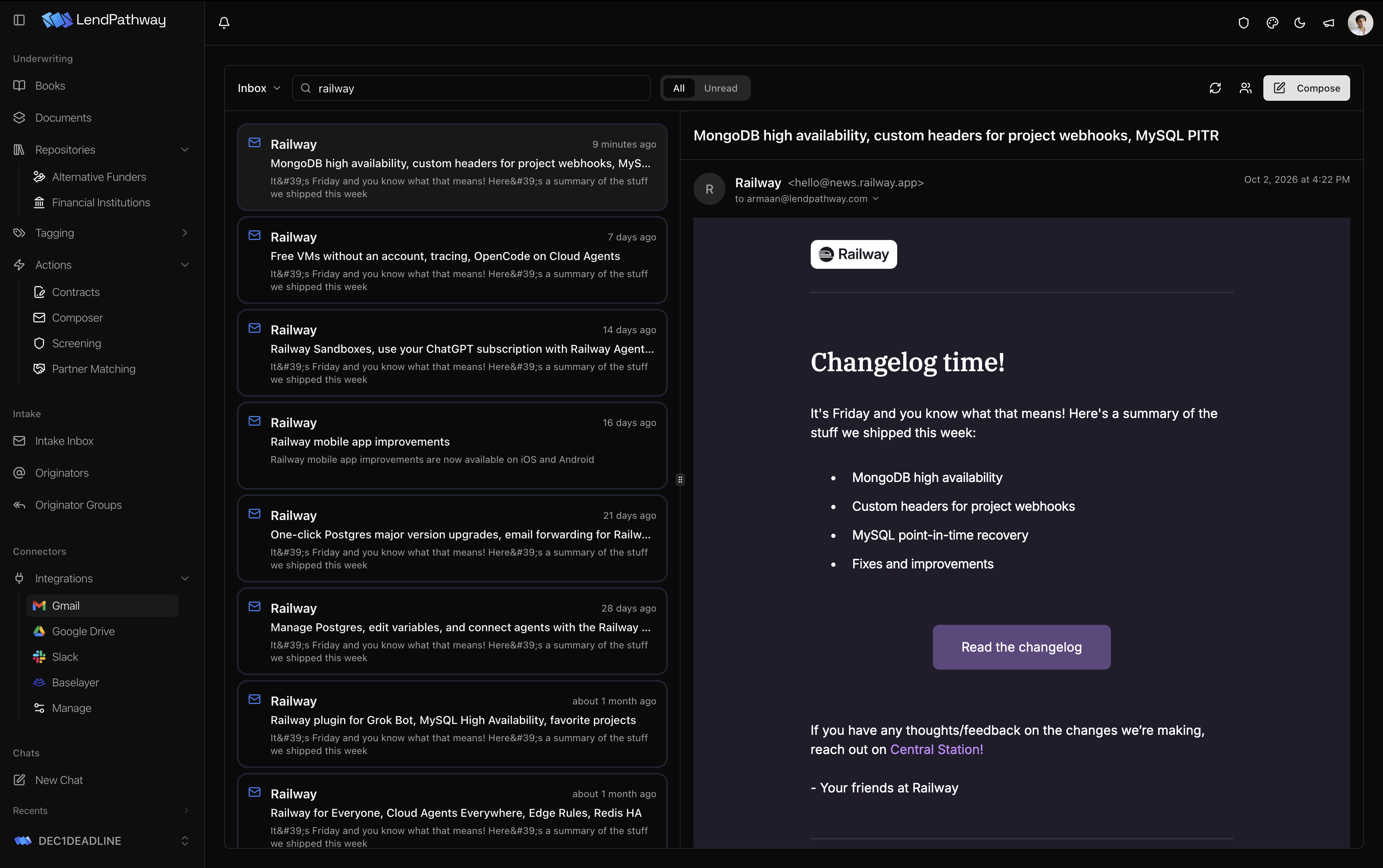 A connected Gmail inbox inside Pathway
