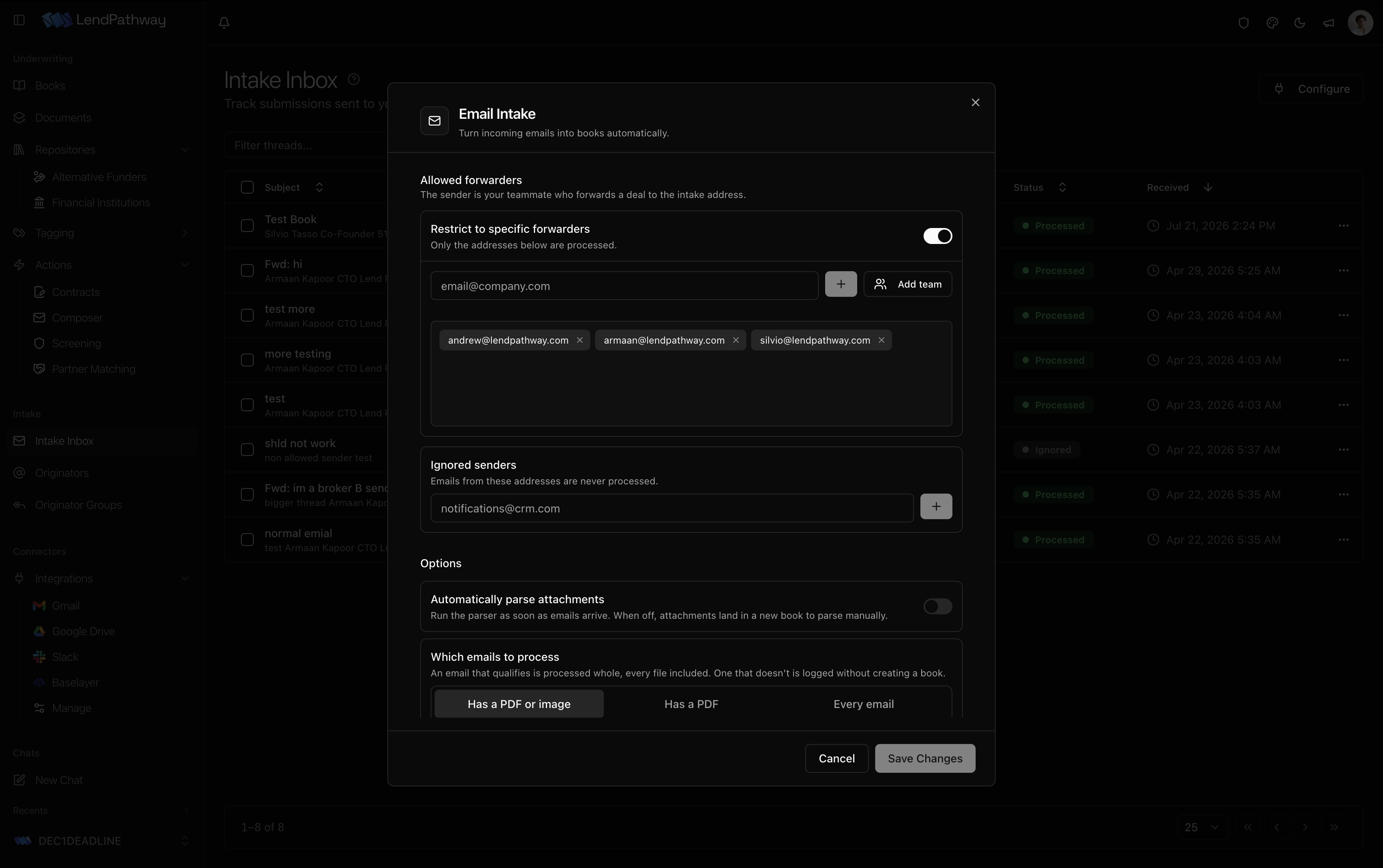 Email intake settings with allowed forwarders, ignored senders, and processing options
