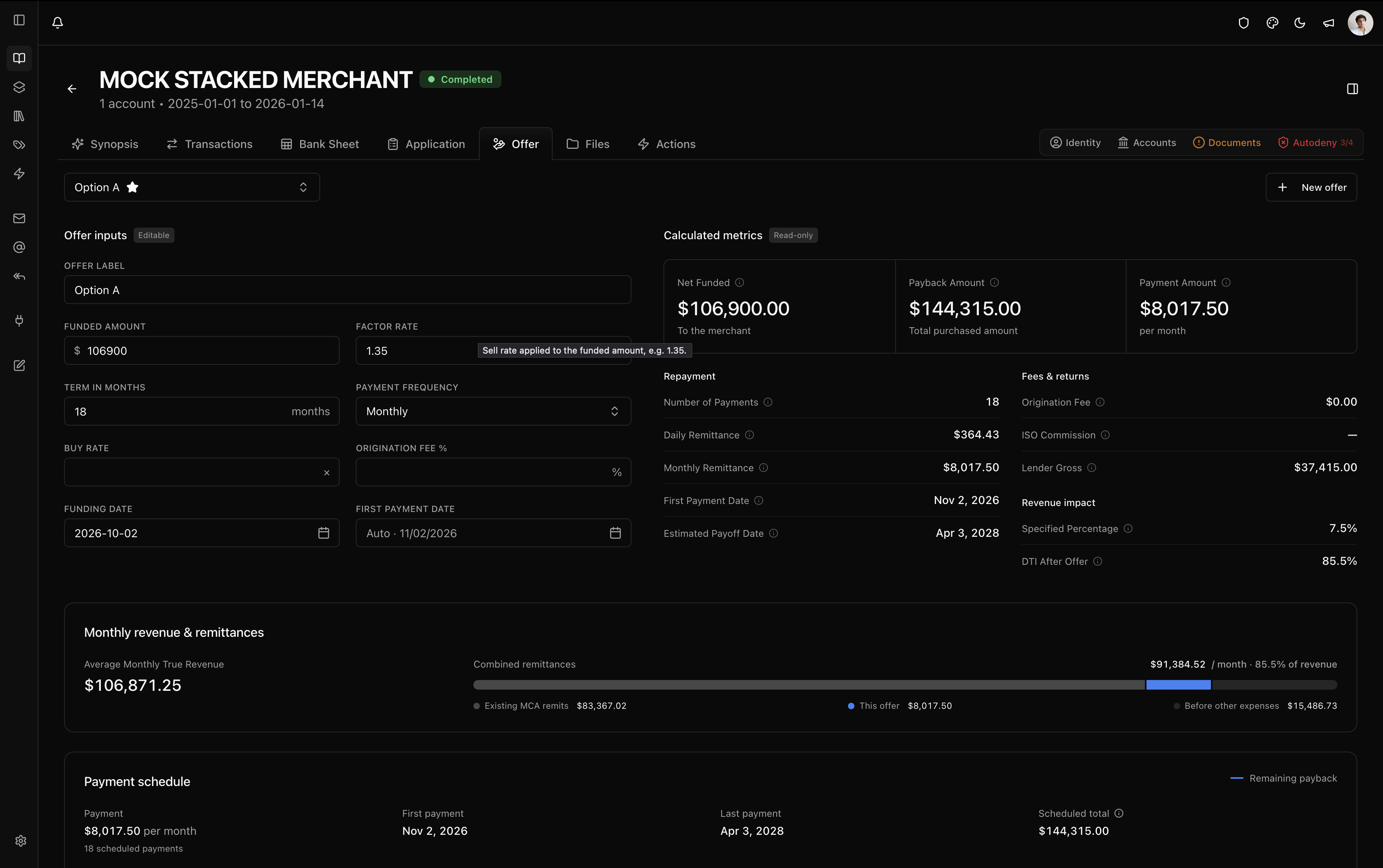 Offer inputs and calculated metrics