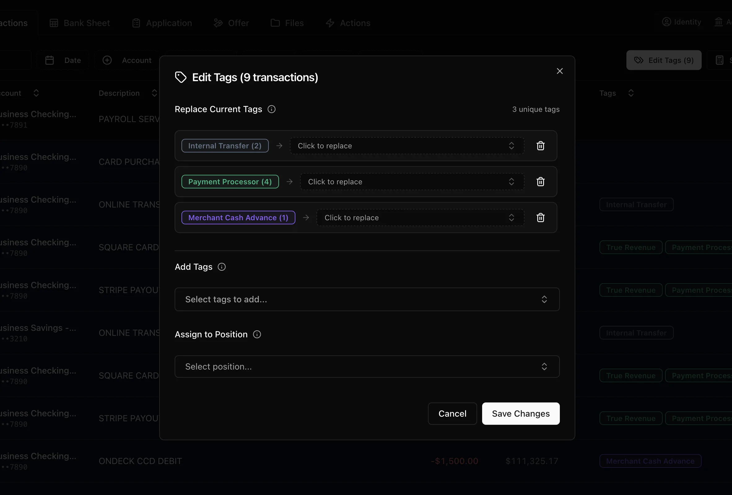 Editing the tags on nine selected transactions