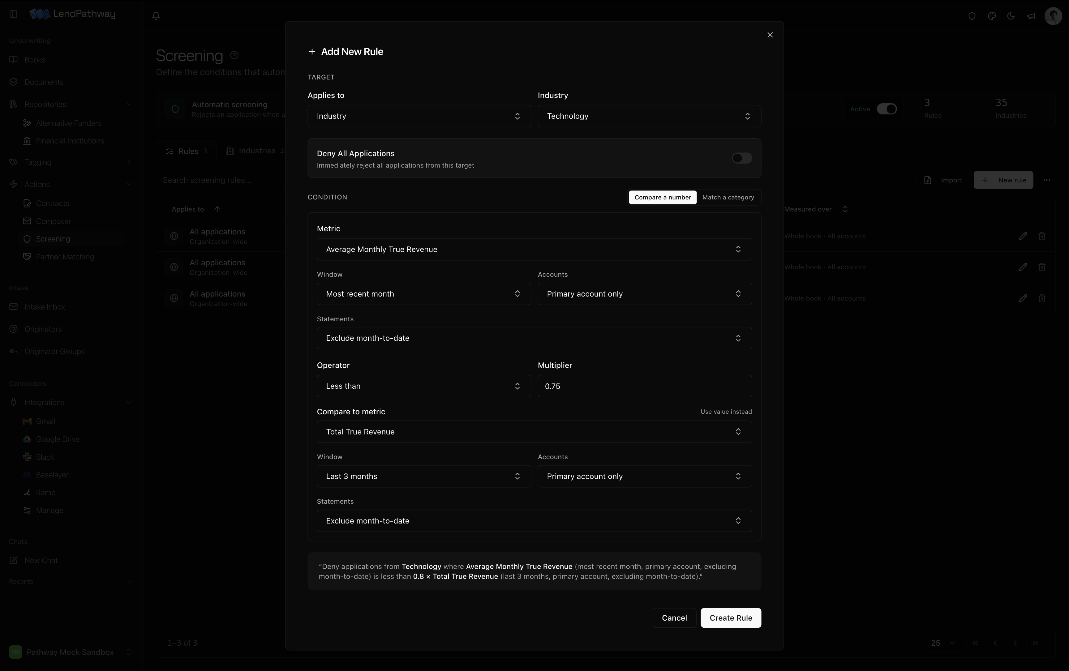 Screening rule builder comparing two metrics