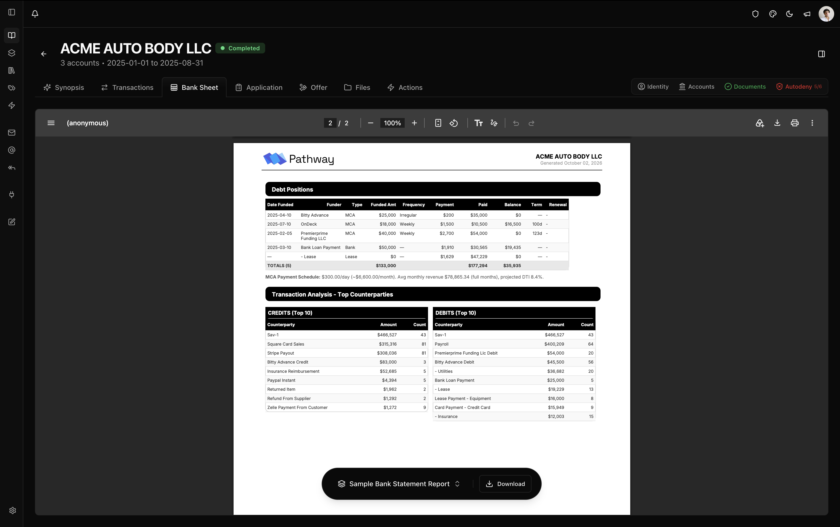 Bank statement PDF report