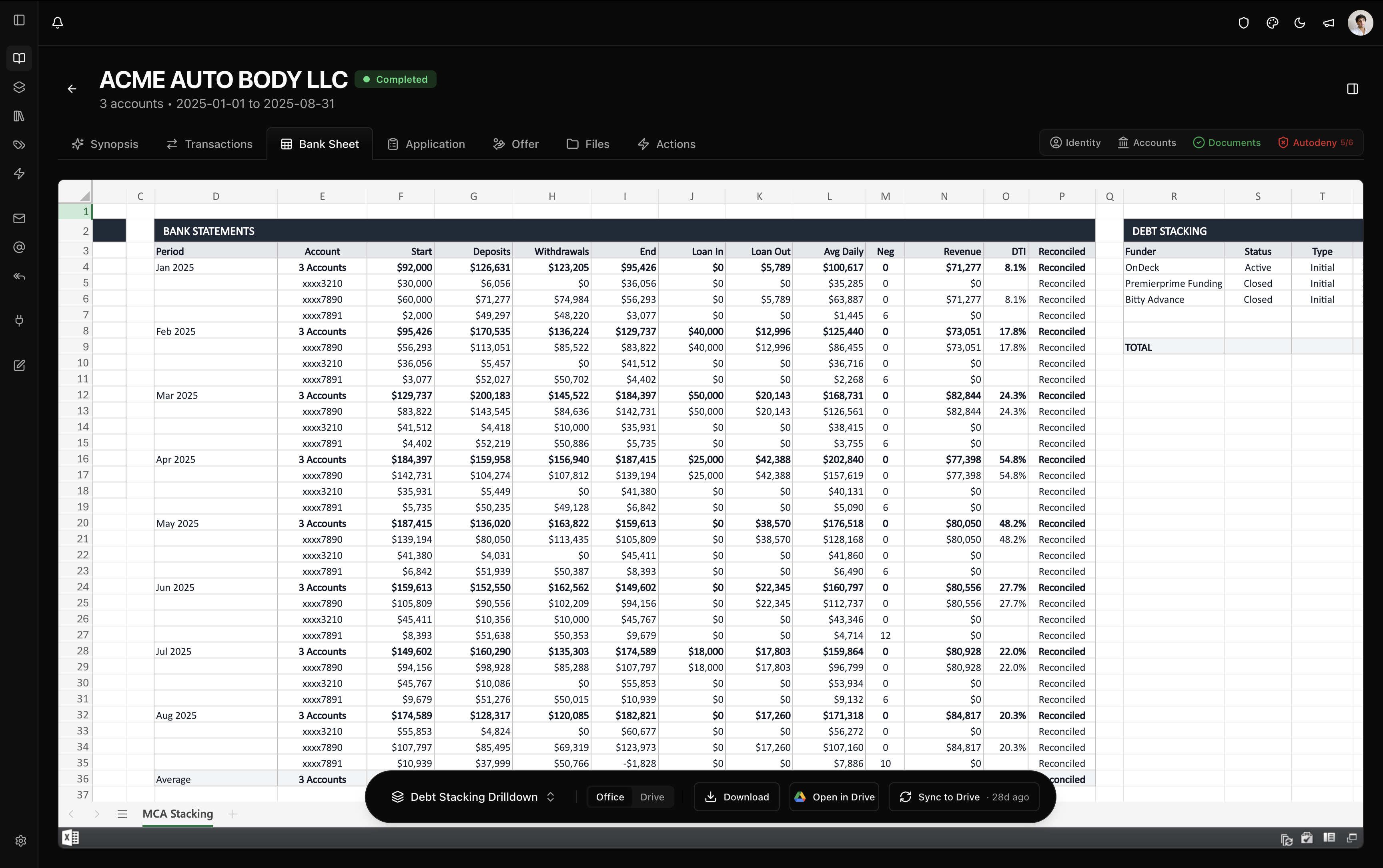 Bank statement workbook generated from a book
